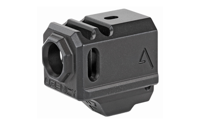 Agency Arms 417 Compensator, Features two chamber design (2 vertical ports and 2 side venting ports), Front sight hole, Two set screws with an Allen Wrench and a vial of Rockset are included in package, Fits Glock 43, Standard 1/2X28 thread pitch, Black Finish 417-G43-BLK
