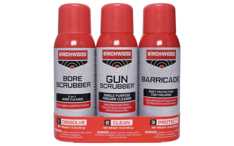 Birchwood Casey 1-2-3 Aerosol Value Pack, 10 oz 1-Bore Scrubber, 1-Gun Scrubber, 1-Barricade Aerosol Can BC-33309