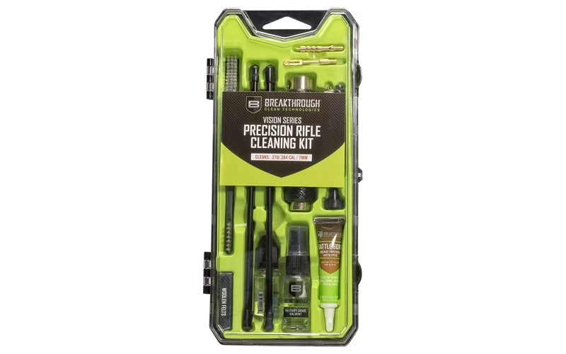Breakthrough Clean Technologies Vision Series, Cleaning Kit, .270/.284 Cal and 7MM, Includes Cleaning Rod Sections, Hard Bristle Nylon Brushes, Jags, Patch Holders, Cotton Patches, Durable Aluminum Handle And Mini Bottles of Breakthrough Military-Grade Solvent And Battle Born High-Purity Oil BT-CCC-270R