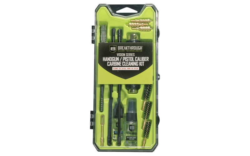Breakthrough Clean Technologies Vision Series, Cleaning Kit, For Pistol Caliber Carbine .38/.40/.45 Cal, Includes Cleaning Rod Sections, Hard Bristle Nylon Brushes, Jags, Patch Holders, Cotton Patches, Durable Aluminum Handle And Mini Bottles of Breakthrough Military-Grade Solvent And Battle Born High-Purity Oil BT-CCC-HGPCC
