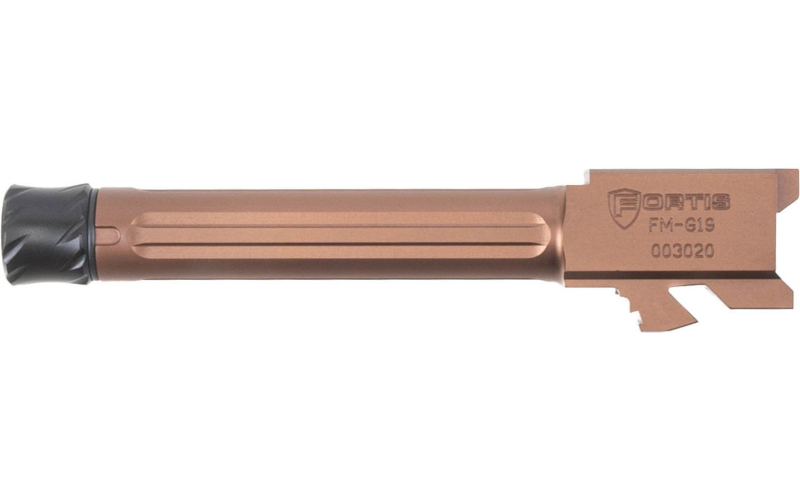 Fortis Manufacturing, Inc. Match Grade Barrel, Threaded Fluted Barrel, 9MM, 4", Fits Glock 19 Gen 1-5 and 19X, Copper Finish, Threaded, Titanium Copper Nitride FM-G19-TB-CPPR
