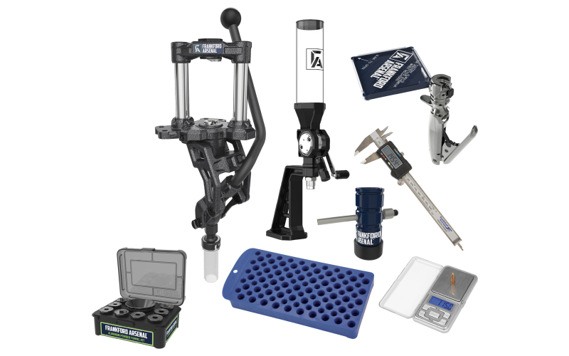 Frankford Arsenal Essentials Reloading Kit, Includes Frankford Arsenal F-1 Single Stage Press, Bench Top Powder Measure, Aluminum Powder Funnel Kit, Perfect Seat Hand Primer, Electronic Calipers, DS-750 Powder Scale, Powder Trickler and Universal Reloading Tray 1198151