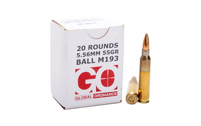 Global Ordnance M193, 5.56 NATO, 55 Grain, Brass Case, Full Metal Jacket, 20 Round Box GO850003223346