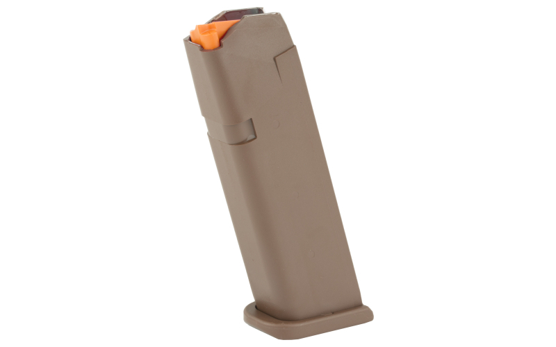 Glock OEM Magazine, 9MM, 17 Rounds, Fits GLOCK 17/34, Cardboard Style Packaging, Orange Follower, Flat Dark Earth 47459