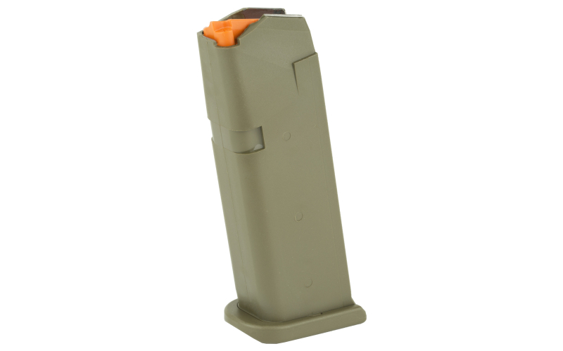 Glock OEM Magazine, 9MM, 15 Rounds, Fits GLOCK 19, Cardboard Style Packaging, Orange Follower, Olive Drab Green 47460