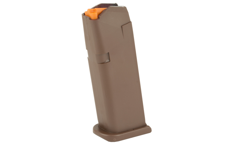 Glock OEM Magazine, 9MM, 15 Rounds, Fits GLOCK 19, Cardboard Style Packaging, Orange Follower, Flat Dark Earth 47461