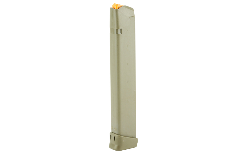 Glock OEM Magazine, 9MM, 33 Rounds, Fits GLOCK 17/34, Cardboard Style Packaging, Orange Follower, Olive Drab Green 47462