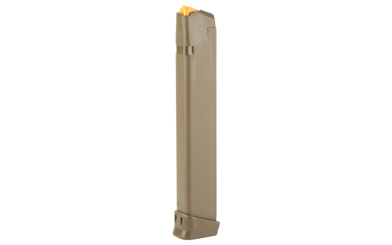 Glock OEM Magazine, 9MM, 33 Rounds, Fits GLOCK 17/34, Cardboard Style Packaging, Orange Follower, Flat Dark Earth 47463