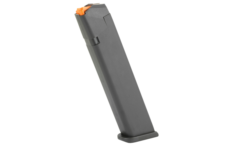 Glock OEM Magazine, 9MM, 24 Rounds, Fits GLOCK 17/34, Cardboard Style Packaging, Orange Follower, Black 47464