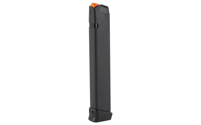 Glock OEM Magazine, 9MM, 33 Rounds, Fits GLOCK 17/34, Cardboard Style Packaging, Black Body with Orange Follower 65971