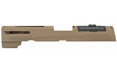 Grey Ghost Precision Stripped Slide, For Sig P320 Full Size, Dual Optic Cutout Compatible With Leupold DeltaPoint Pro, Trijicon RMR, Or Sig Romeo1 With Supplied Shim Plate (Correct Length screws Included), Comes With A Custom G10 Cover Plate And Proper Screws For Use Without Optic Installed, Version 1 Slide Pattern, FDE Cerakote Finish GGP320-F-FDE-1