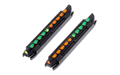 Hi-Viz Two-In-One Magnetic Shotgun Sight with Reversible Green & Orange LitePipe. Fits shotguns with ribs from .171" to .265" (11/64" to 17/64") (4.2mm to 6.7mm) . Includes one round and one triangular replaceable Green and Orange reversible LitePipes. TO200