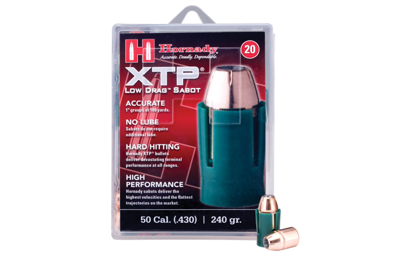 Hornady XTP, Low Drag Sabot, Muzzleloader Bullets, .50 Cal Low Drag Sabot with .44 Cal 240 Grain XTP, Hollow Point, 20 Rounds Per Pack, 200 Rounds Per Case 6720