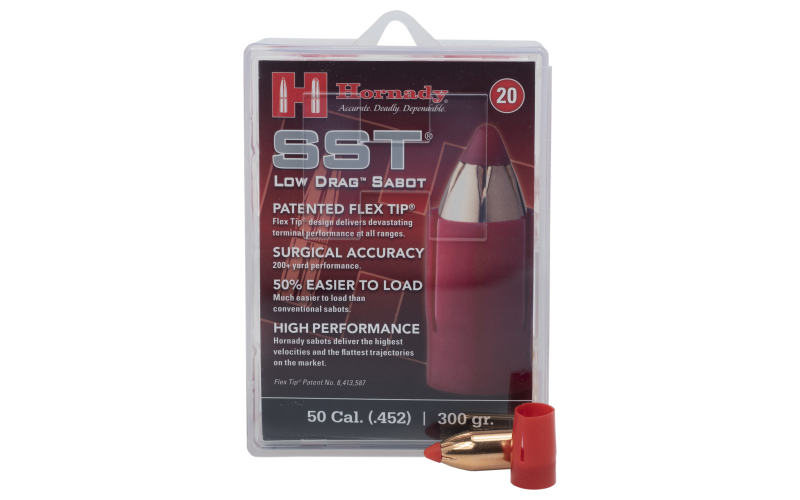 Hornady SST-ML, Low Drag Sabot, Muzzleloader Bullets, .50 Cal Low Drag Sabot with .45 Cal 300 Grain SST, Flex Tip, 20 Rounds Per Pack, 200 Rounds Per Case 67263