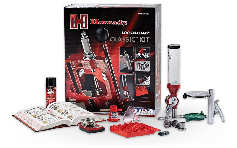 Hornady Lock-N-Load Classic Kit, Includes Lock-N-Load Classic Single-Stage Press, Lock-N-Load Powder Measure, Electronic Scale, Powder Trickler, Funnel, 10th Edition Hornady Handbook of Cartridge Reloading, Three Lock-N-Load Die Bushings, Primer Catcher, Positive Priming System, Hand-Held Priming Tool, Universal Reloading Block, Chamfering and Deburring Tool, Primer Turning Plate, and One Shot Case Lube 085003
