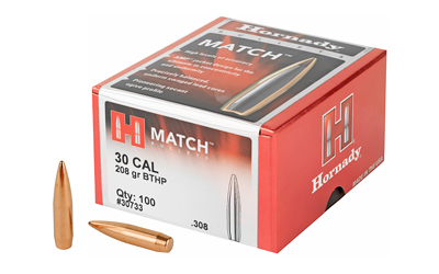 Hornady Match, .308 Diameter, 30 Caliber, 208 Grain, Boat Tail Hollow Point, 100 Count 30733