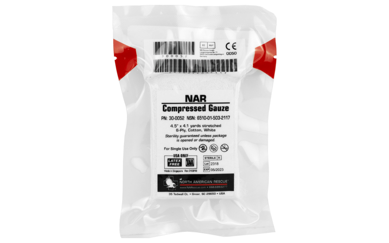 North American Rescue Compressed Gauze, 4.5" x 4.1yd Sterile 6-Ply 100% Cotton Gauze, Crinkle Weave, Latex Free 30-0052