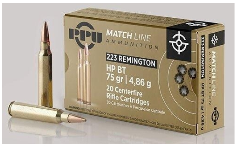 Prvi Partizan Match, 223 Remington, 75 Grain, Boat Tail Hollow Point, 20 Round Box PPM2232