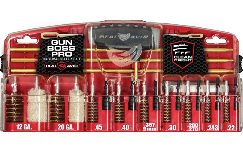 Real Avid Cleaning Kit, Gun Boss Pro-Universal Gun Cleaning Kit, Multi-Function Handle, Three Brass Rod Sections, Kickstand Tool Case, Labeled compartments, Fits .22, .243, .280, .270, .30, .357, 9mm, .40, .45, 20Ga, 12Ga AVGBPRO-U