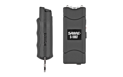 Sabre Stun Gun and Pepper Spray Package, Black Color, Stun Gun w/ Built-In 120 Lumen Flashlight, Twist Top Pepper Spray S7B-HCBK