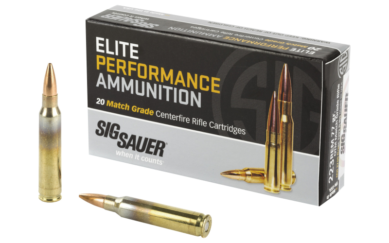 Sig Sauer Elite Performance, Match, 223 Rem, 77 Grain Open Tip Match, 20 Round Box, 500 Case E223M1-20