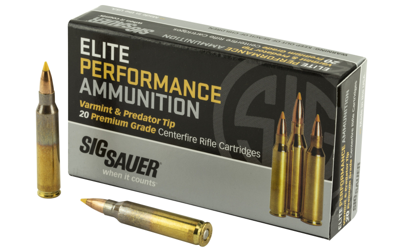 Sig Sauer Elite Performance, Varmint And Predator, 223 Rem, 40Gr, Tipped Hollow Point, 20 Rounds Box, 200 Round Case E223V1-20