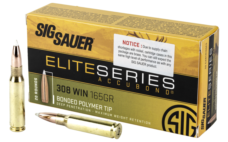 Sig Sauer Elite Performance, Hunting, 308 Winchester, 165 Grain, Ballistic Tip, California Certified Nonlead Ammunition, 20 Round Box E308AB165-20