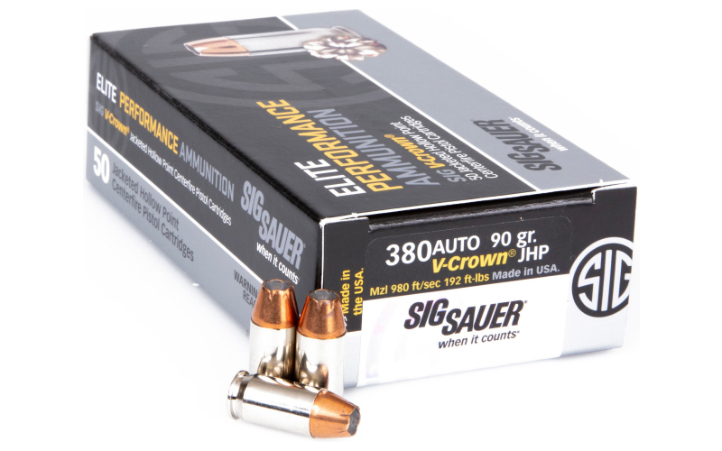 Sig Sauer Elite Performance, V-Crown, 380 ACP, 90 Grain, Jacketed Hollow Point, 50 Round Box E380A1-50