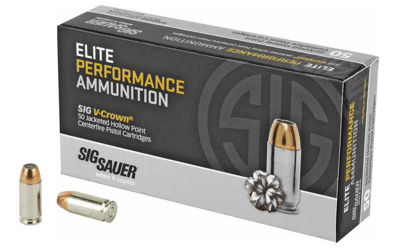 Sig Sauer Elite Performance V-Crown Ammunition, 40SW, 165 Grain, Jacketed Hollow Point, 50 Round Box E40SW1-50