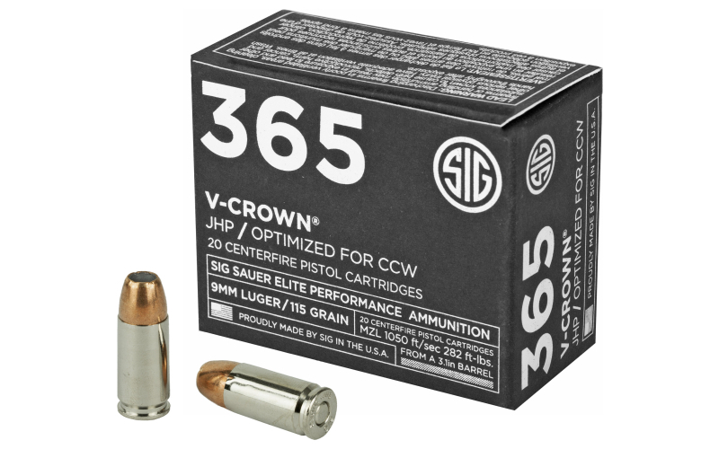Sig Sauer Elite Performance V-Crown Ammunition, 9MM, 115 Grain, Jacketed Hollow Point, Designed for Short Barrel Pistols, Low Recoil, 20 Round Box E9MMA1-365-20