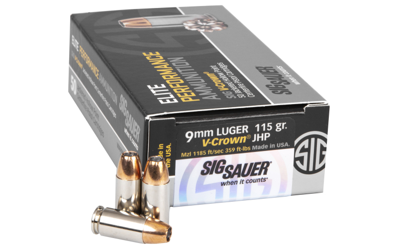 Sig Sauer Elite Performance V-Crown, 9MM, 115 Grain, Jacketed Hollow Point, 50 Round Box E9MMA1-50