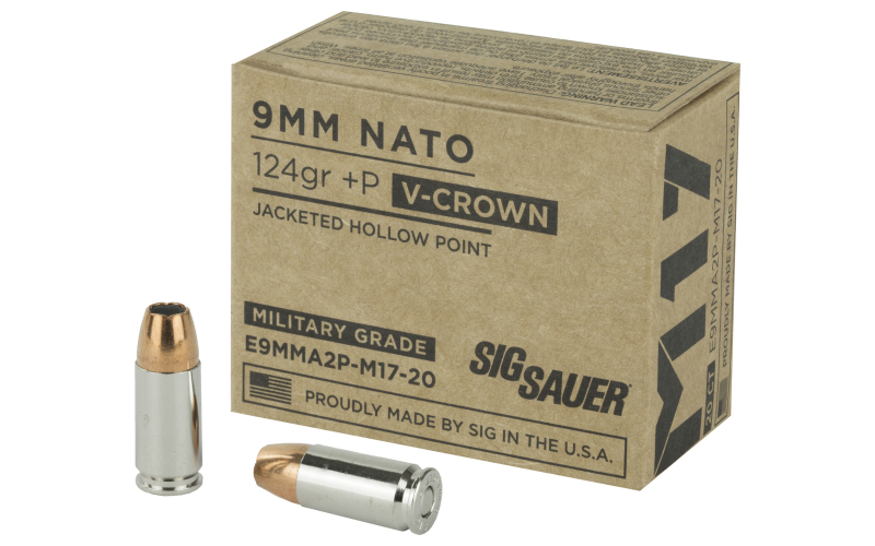 Sig Sauer V-Crown 9MM, 124 Grain, Jacketed Hollow Point, Defense, 20 Round Box E9MMA2P-M17-20