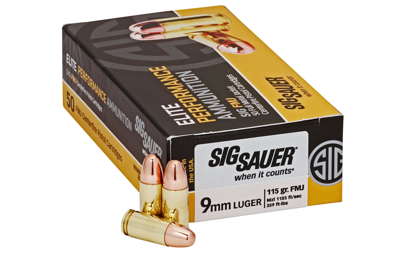 Sig Sauer Elite Performance, Ball, 9MM, 115 Grain, Full Metal Jacket, 50 Round Box E9MMB1-50