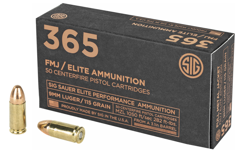 Sig Sauer Elite Performance Ball Ammunition, 9MM, 115 Grain, Full Metal Jacket, Designed For Short Barrel Pistols, Reduced Felt Recoil, 50 Round Box E9MMB1-365-50