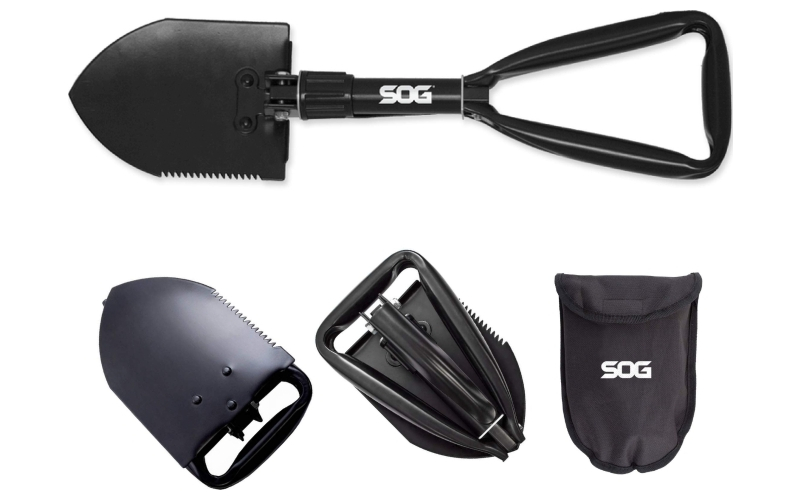 SOG Knives & Tools Entrenching Tool, Multi-Tool, Serrated Edge, High Carbon Steel, Black Powder Coat, Black Handle, Includes Nylon Sheath SOG-F08-N