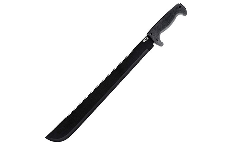 SOG Knives & Tools SOGfari Machete, 18" Straight/Saw Back Edge, Black Kraton Handle, 3Cr13 Steel, Powder Coat Finish, Black, Includes Nylon Sheath SOG-MC02-N