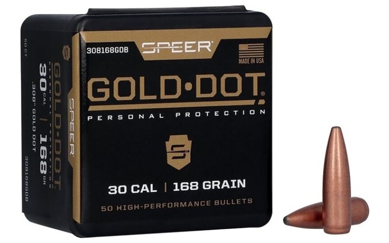 Speer Ammunition 30 caliber (0.308'') 168gr gold dot soft point 50/box