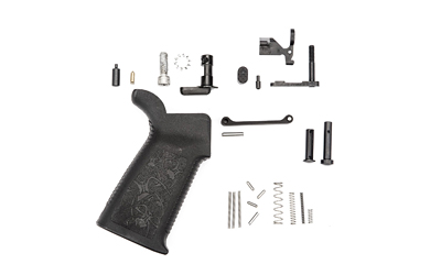 Spike's Tactical Lower Receiver Parts Kit Without Fire Control Group/Trigger Group, 223 Remington/5.56 NATO, Includes Safety Selector, Bolt Catch, Magazine catch, Billet Magazine Catch Button, Front Pivot Pin, Rear Take Down Pin, Aluminum Trigger Guard w/Spring Loaded Detent, Bolt Catch Spring, Disconnect Spring, Magazine Catch Spring, Safety Selector Spring, Buffer Retainer Spring, Safety Selector Detent, Bolt Catch Plunger, Buffer Retaining Pin, Bolt Catch Roll Pin, Trigger Guard Roll Pin, A2 Pistol Grip, 1/4X28 Allen Cap Screw, Star Lock Washer for A2 Grip Screw SLPK100