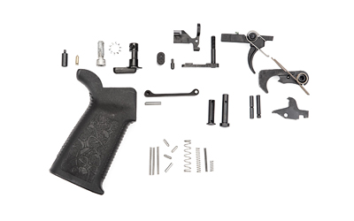 Spike's Tactical Lower Receiver Parts Kit Standard, 223 Remington/5.56 NATO, Rounded Hammerand Hammer Spring, Trigger and Trigger Spring, Disconnector and Disconnector Spring, Safety Selector, Detent, Spring, Bolt Catch, Roll Pin, Plunger, Magazine Catch, Trigger Guard, A2 Pistol Grip, Black Finish SLPK101