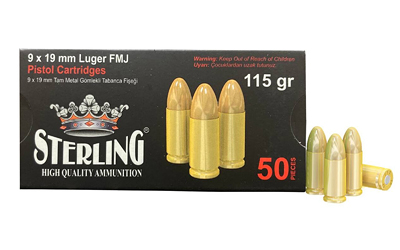 Sterling Brass Case, 9MM, 115 Grain, Full Metal Jacket, 50 Round Box SRL8698779955748
