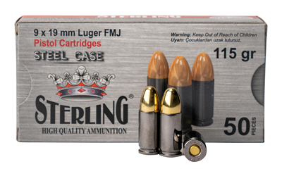 Sterling Steel Case, 9MM, 115 Grain, Full Metal Jacket, 50 Round Box SRL8698779957674