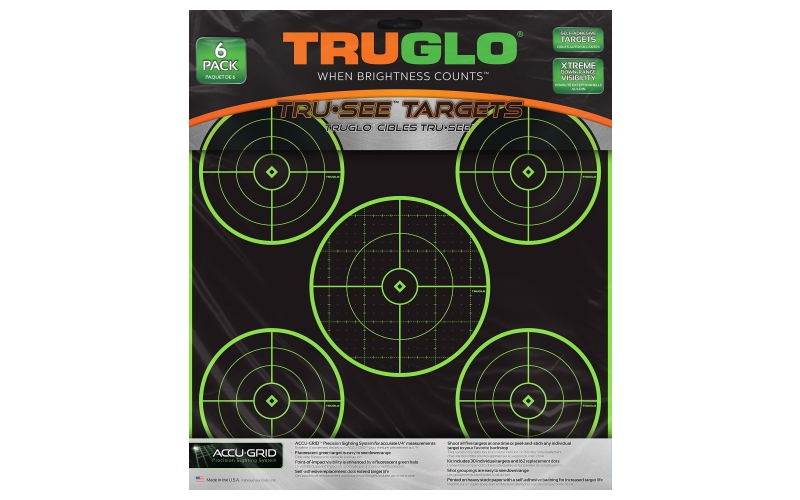 TRUGLO Tru-See, Target, 12"X12", 5-Bullseye, Green, Self-adhesive, 6 Targets TG-TG11A6