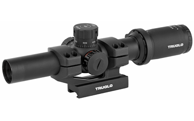 TRUGLO TRU-BRITE 30, Rifle Scope, 1-6X24mm, 30mm, Power Ring Duplex Mil-Dot Illuminated Reticle, 1/2MOA, Matte Finish, Includes 1 Piece Base, 2 Pre-Calibrated BDC Turrets in .223 (55 Grain) and .308 (168 Grain), and Throw Lever TG-TG8516TL