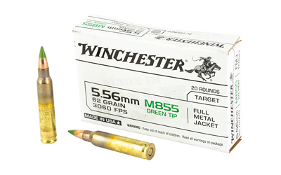 Winchester Ammunition M855, 5.56 NATO, 62 Grain, Full Metal Jacket, Green Tip, Box of 20 WM855K