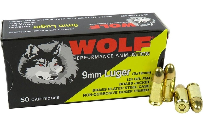 Wolf performance turkish 9mm 124gr fmj brass plated steel case 50/rd